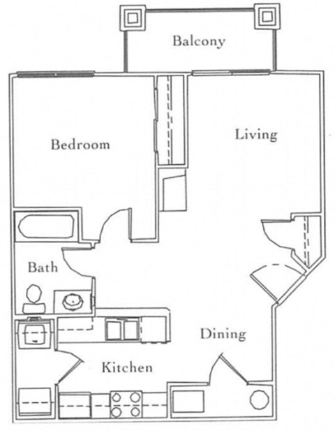 Floor plan for 1 bed, 1 bath, 645 sqft